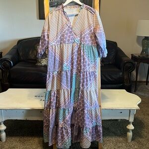 Patchwork V-Neck Midi Dress